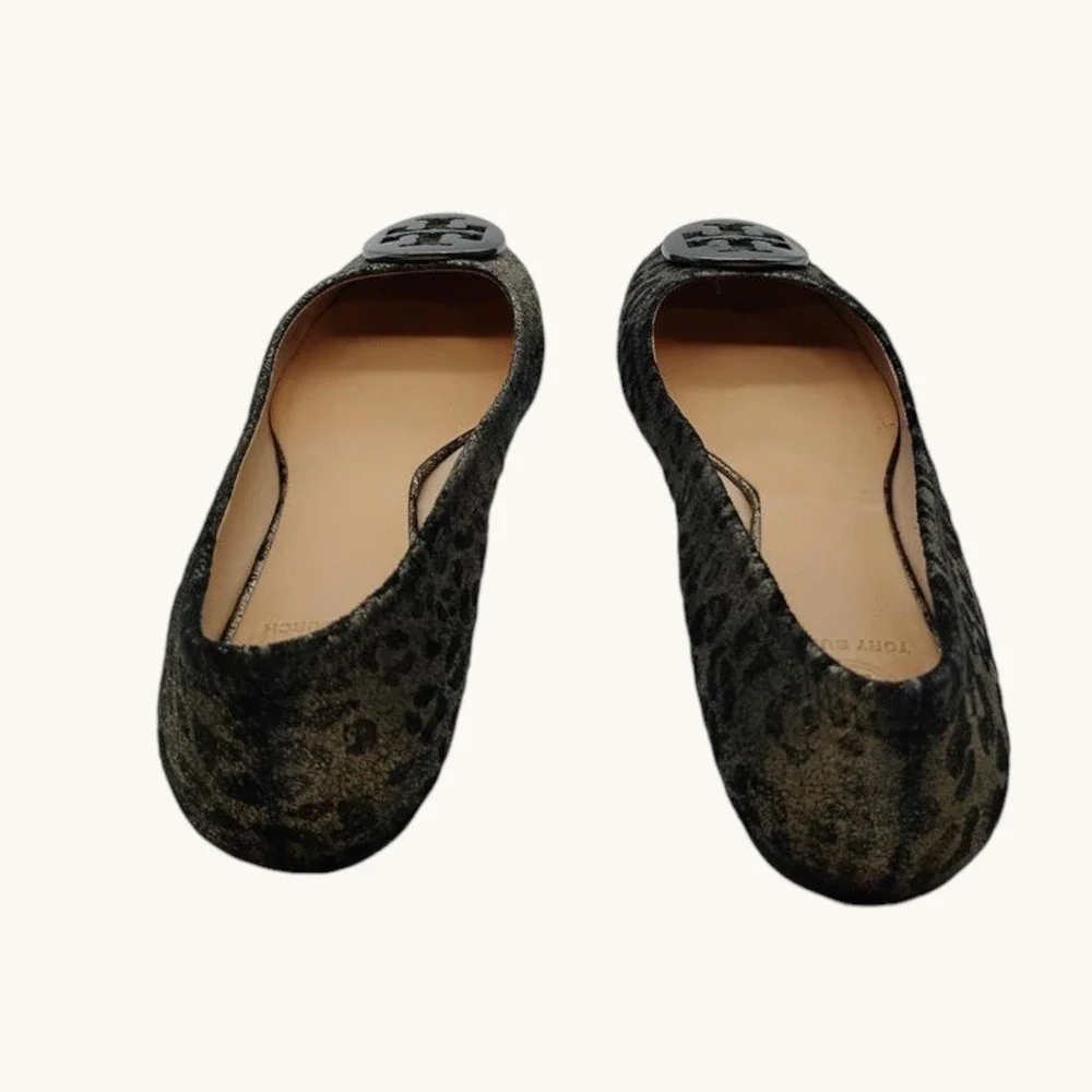 Tory Burch Ballet Flats‎ Luisa Anthracite Print Metallic Logo Women's Size 8M